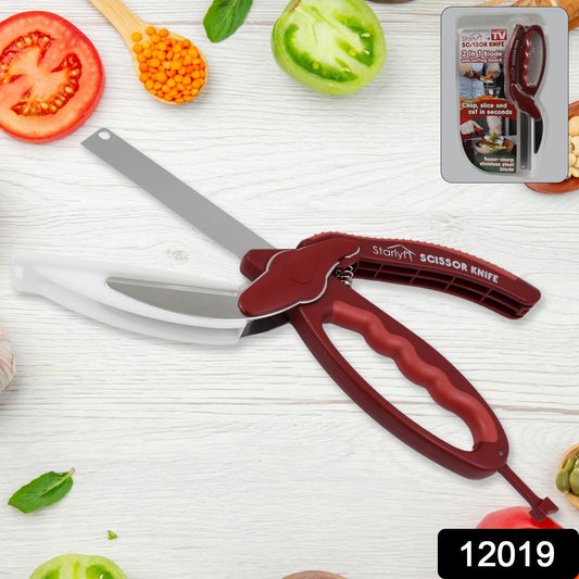 2 In 1 Kitchen Knife Scissor With Spring Locking Hinge And Chopping Board (1 Pc With Card Packing)