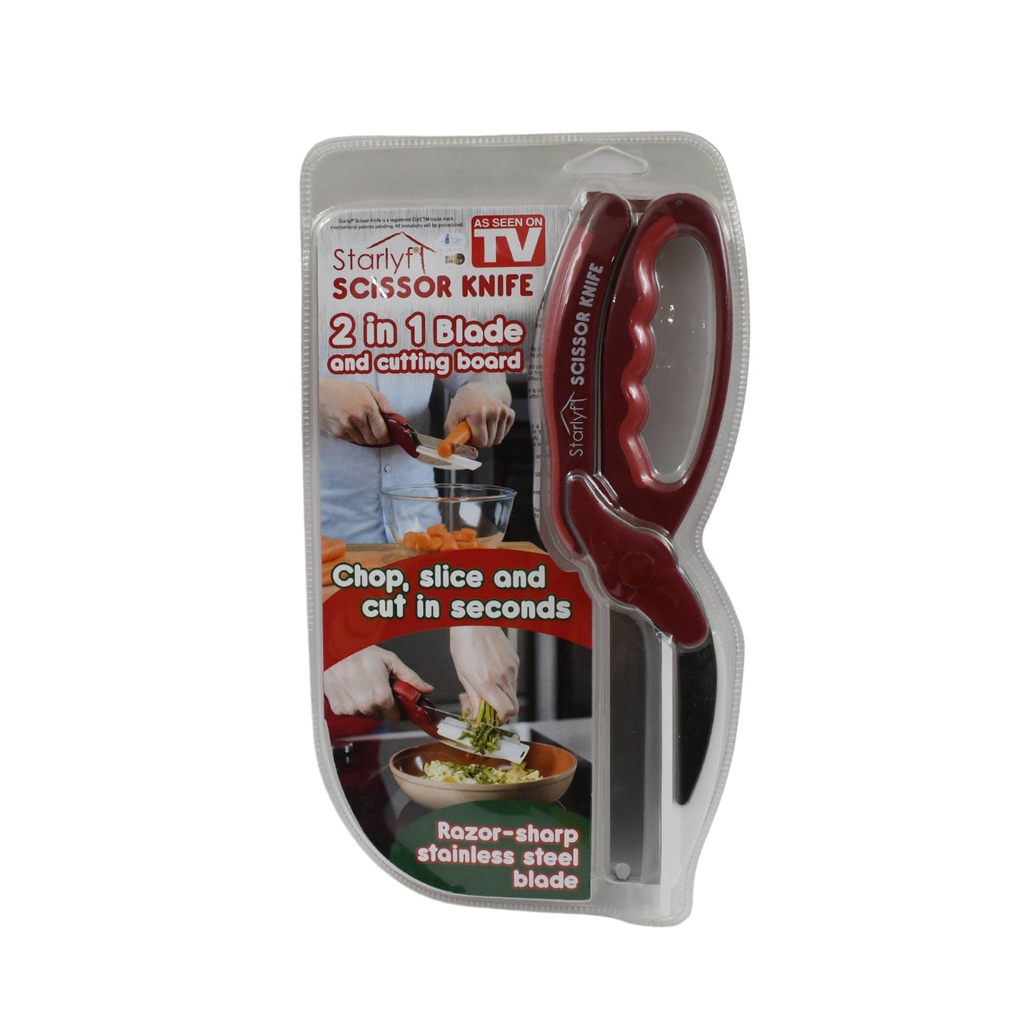 2 In 1 Kitchen Knife Scissor With Spring Locking Hinge And Chopping Board (1 Pc With Card Packing)